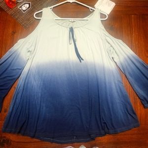 OMBRE MINT TO BLUE COLD SHOULDER BELL SLEEVE TOP LARGE